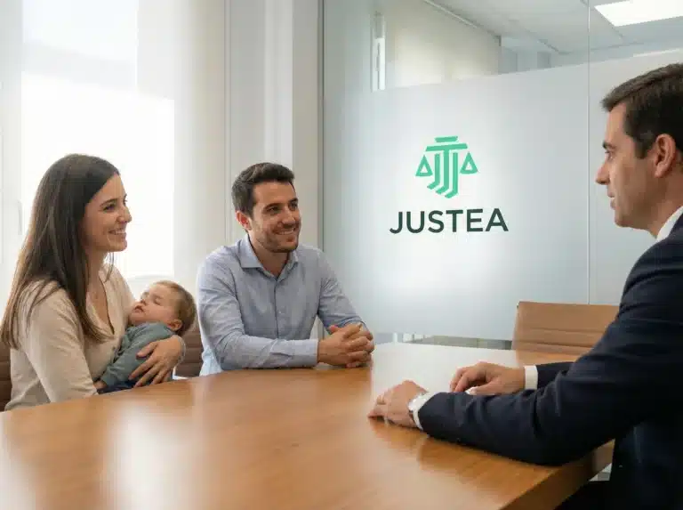 Abogados para recuperar tu dinero en brecha de género, vuelos y tarjetas revolving - Justea Abogados para recuperar tu dinero: familia sonriendo durante una reunión con abogados de Justea especializados en reclamaciones
