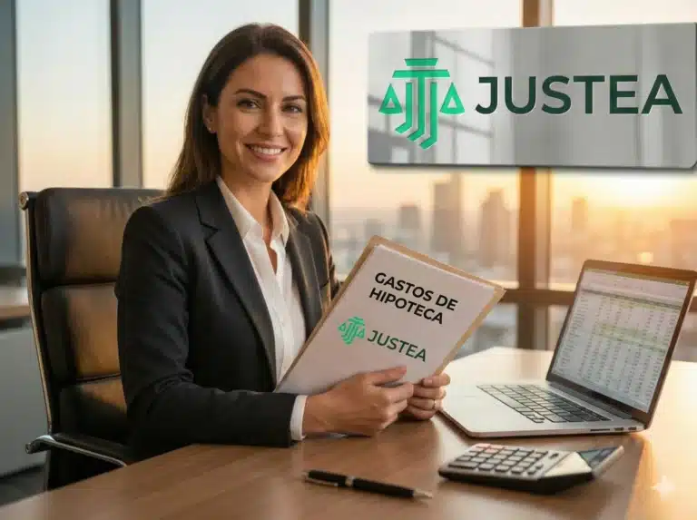 Reclamar gastos de hipoteca - Abogados especialistas Justea Abogada especialista en reclamar gastos de hipoteca de Justea sosteniendo carpeta para recuperar gastos bancarios de notaría y registro