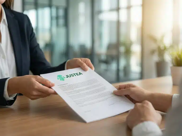 Empleo teleoperador atención al cliente: candidato entregando currículum para puesto de teleoperador en las oficinas de Justea en Madrid