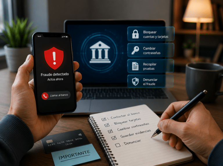 Persona bloqueando tarjetas y recopilando pruebas tras detectar un fraude bancario en su cuenta, siguiendo los pasos para reclamar y recuperar el dinero robado.