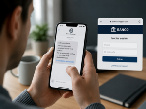 El usuario recibe un mensaje aparentemente enviado por su banco y accede a una página falsa donde introduce sus credenciales