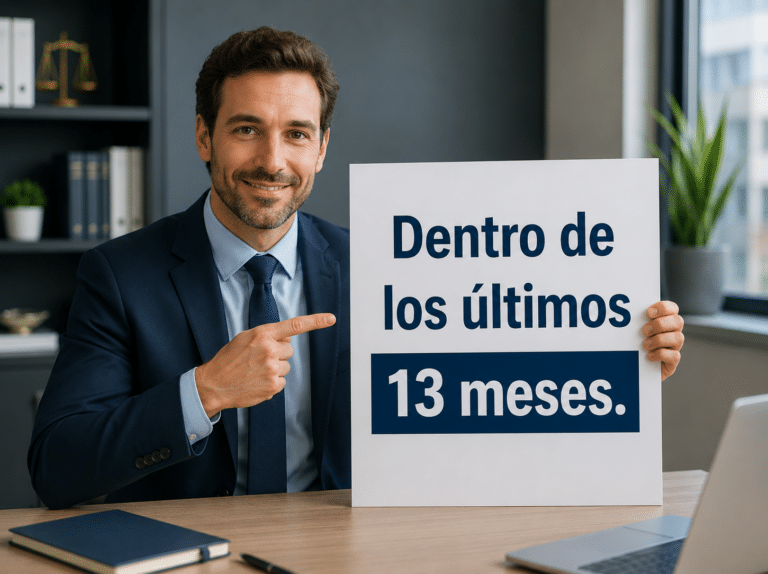 Ejecutivo señalando un cartel con el plazo de 13 meses para reclamar un fraude bancario y solicitar la devolución del dinero por operaciones no autorizadas.