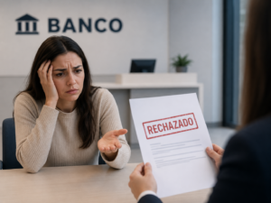 Persona solicita ayuda en un banco tras recibir el rechazo de la devolución del dinero perdido por un fraude bancario.