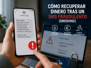Teléfono móvil con un SMS fraudulento de un supuesto banco junto a un ordenador con movimientos bancarios no autorizados, representando un caso de smishing y reclamación para recuperar el dinero.