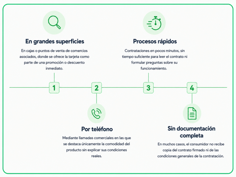 Diagrama sobre las principales situaciones en las que se contrata una tarjeta revolving, destacando la contratación en grandes superficies, por teléfono, mediante procesos rápidos y con documentación insuficiente.