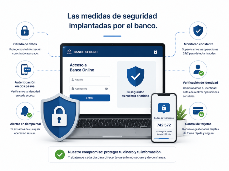 Representación de las medidas de seguridad bancarias utilizadas para prevenir fraudes, con autenticación multifactor, alertas en tiempo real y protección de la banca online.