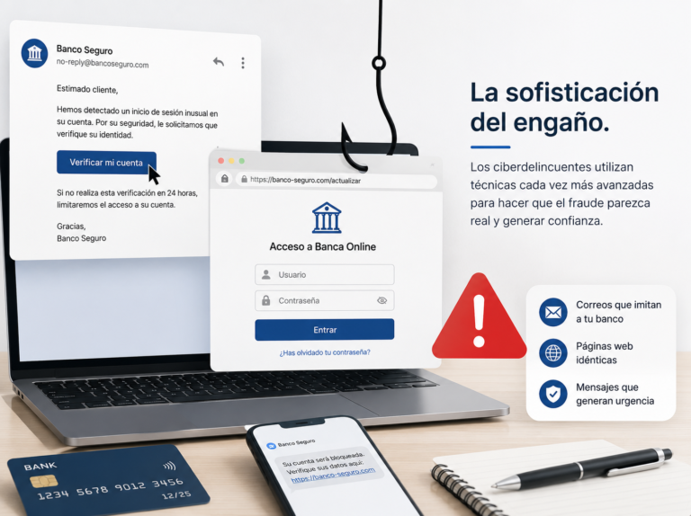 Ilustración de un intento de phishing con un correo electrónico y una página bancaria falsa que muestran la sofisticación del engaño utilizada por los ciberdelincuentes.