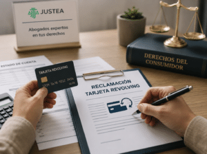 Usuario iniciando una reclamación por una tarjeta revolving abusiva con documentación legal, una tarjeta de crédito y documentos financieros sobre un escritorio.
