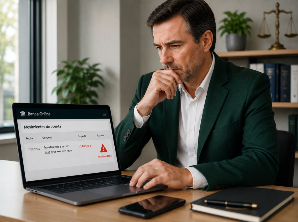 Usuario detectando una transferencia no autorizada en su cuenta bancaria mientras consulta los movimientos desde la banca online.