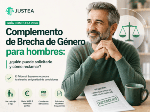 Imagen destacada sobre el Complemento de Brecha de Género para hombres en 2026, con un hombre pensionista, el logo de Justea y referencias a igualdad de condiciones, cuantía por hijos y posibilidad de reclamar el complemento.