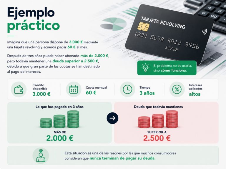 Ejemplo práctico de deuda con tarjeta revolving, donde una persona paga 60 € al mes durante tres años y aún mantiene una deuda elevada por el efecto de los intereses.