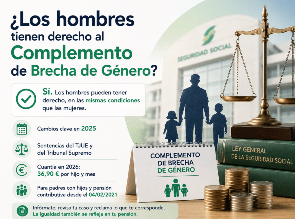 ¿Los hombres tienen derecho al Complemento de Brecha de Género? Infografía sobre el derecho de los hombres pensionistas, cambios de 2025 y cuantía del complemento en 2026.