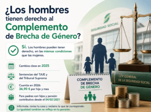 ¿Los hombres tienen derecho al Complemento de Brecha de Género? Infografía sobre el derecho de los hombres pensionistas, cambios de 2025 y cuantía del complemento en 2026.