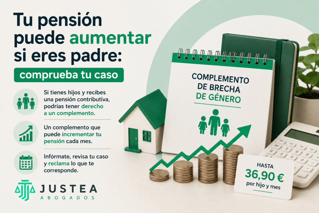 Imagen destacada sobre el Complemento de Brecha de Género para padres jubilados, con el mensaje “Tu pensión puede aumentar si eres padre: comprueba tu caso” y una referencia a un complemento de hasta 36,90 € por hijo y mes.