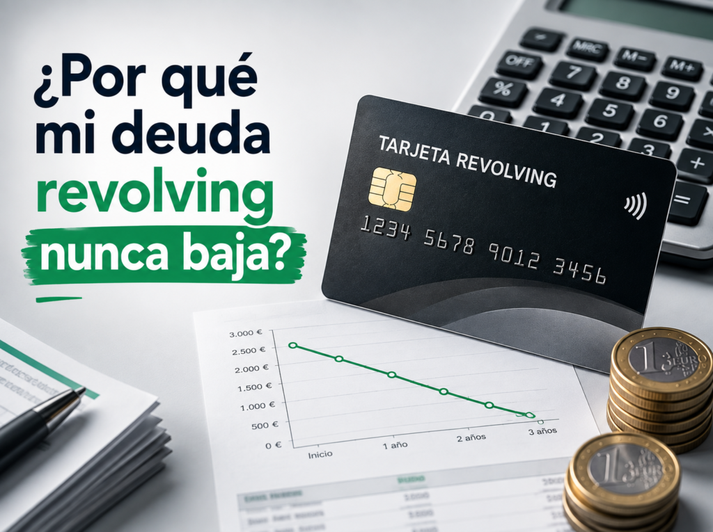 Ilustración de una tarjeta revolving con extractos bancarios y una gráfica financiera que simboliza por qué la deuda de una tarjeta revolving apenas disminuye debido a los intereses y al sistema de pago aplazado.