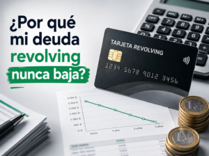 Ilustración de una tarjeta revolving con extractos bancarios y una gráfica financiera que simboliza por qué la deuda de una tarjeta revolving apenas disminuye debido a los intereses y al sistema de pago aplazado.