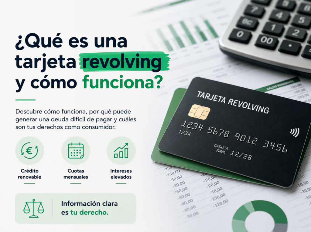 Imagen destacada que representa una tarjeta revolving junto a documentación financiera, ilustrando cómo funciona este tipo de crédito renovable y su impacto en la deuda del consumidor.