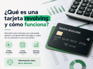 Imagen destacada que representa una tarjeta revolving junto a documentación financiera, ilustrando cómo funciona este tipo de crédito renovable y su impacto en la deuda del consumidor.