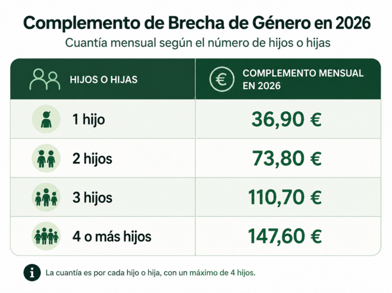 Tabla del Complemento de Brecha de Género en 2026 que muestra la cuantía mensual según el número de hijos: 36,90 € por un hijo, 73,80 € por dos, 110,70 € por tres y 147,60 € por cuatro o más hijos.