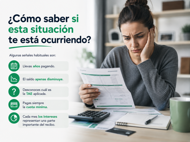 Imagen sobre las señales de una deuda revolving que no disminuye, como llevar años pagando, mantener un saldo elevado, desconocer la TAE, pagar la cuota mínima y asumir intereses elevados.